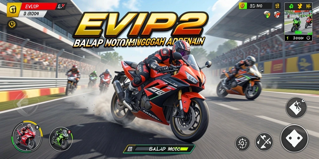 Tampilan antarmuka EVIP2 menunjukkan aksi balapan motor yang menegangkan.